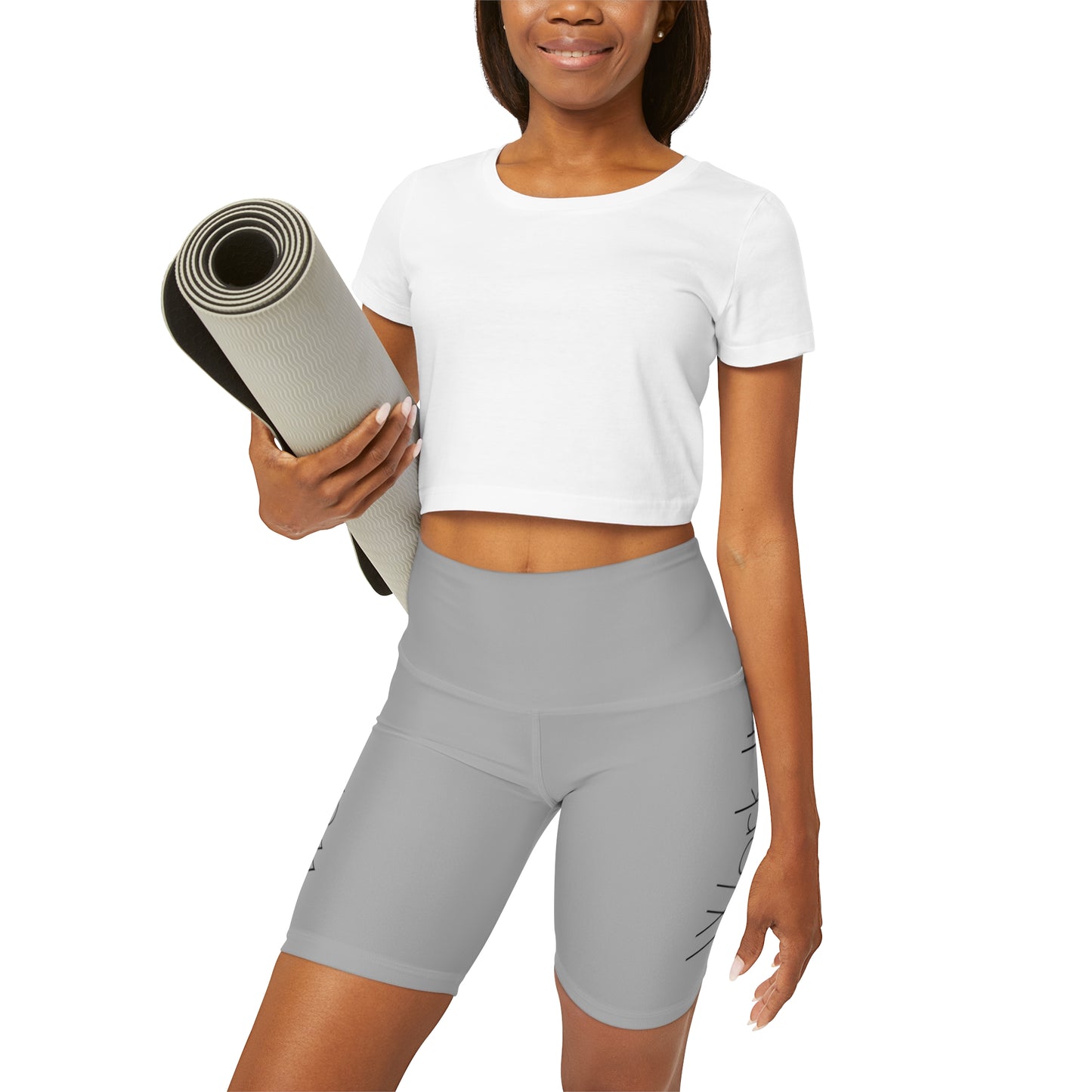 Work It - Light Grey High Waisted Yoga Shorts (AOP)