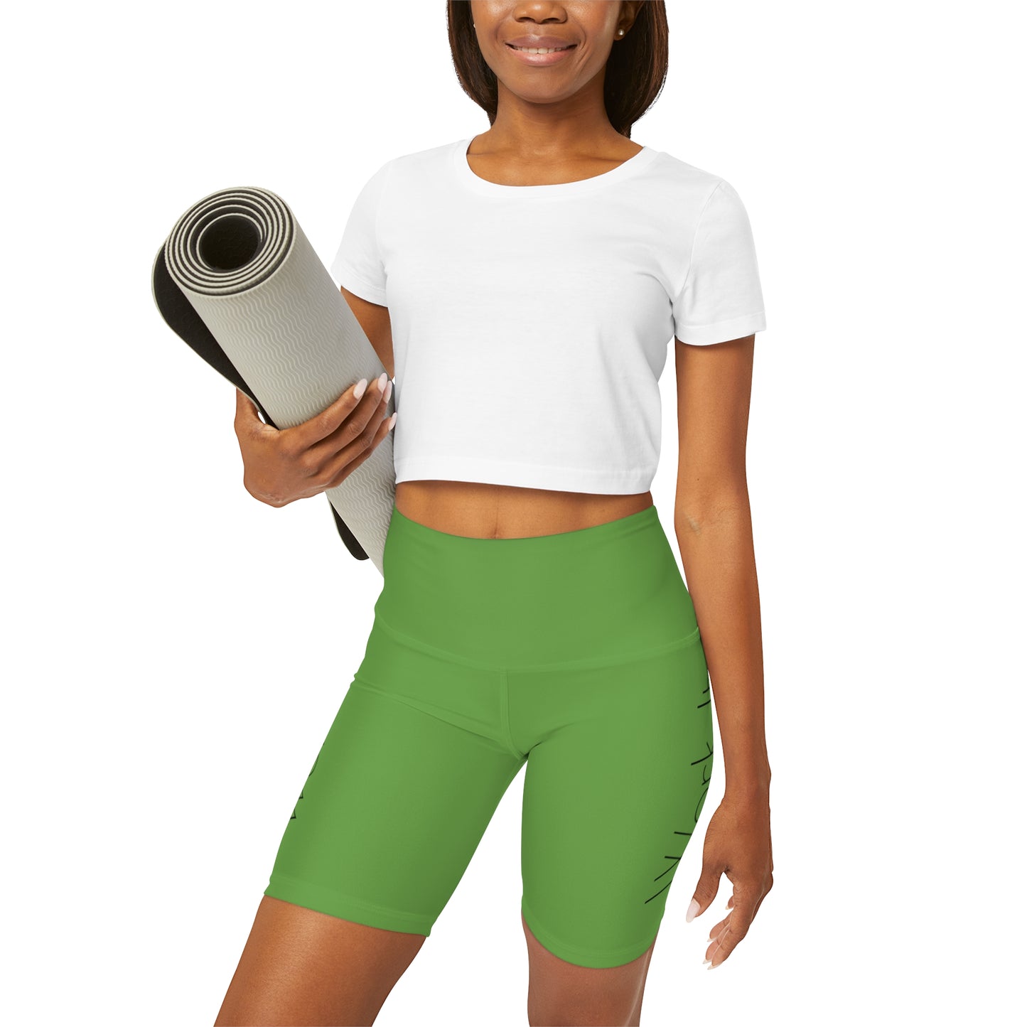 Work It - Green High Waisted Yoga Shorts (AOP)