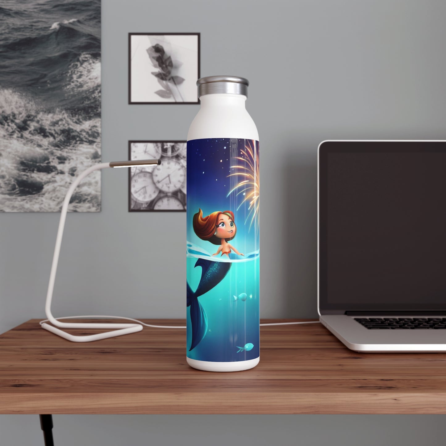 Mermaid Watching Fireworks - Slim Water Bottle