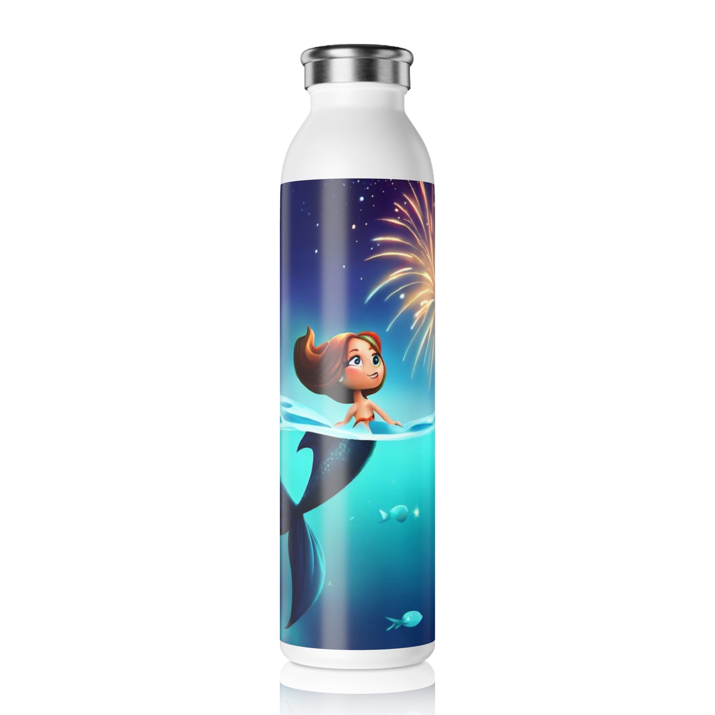 Mermaid Watching Fireworks - Slim Water Bottle