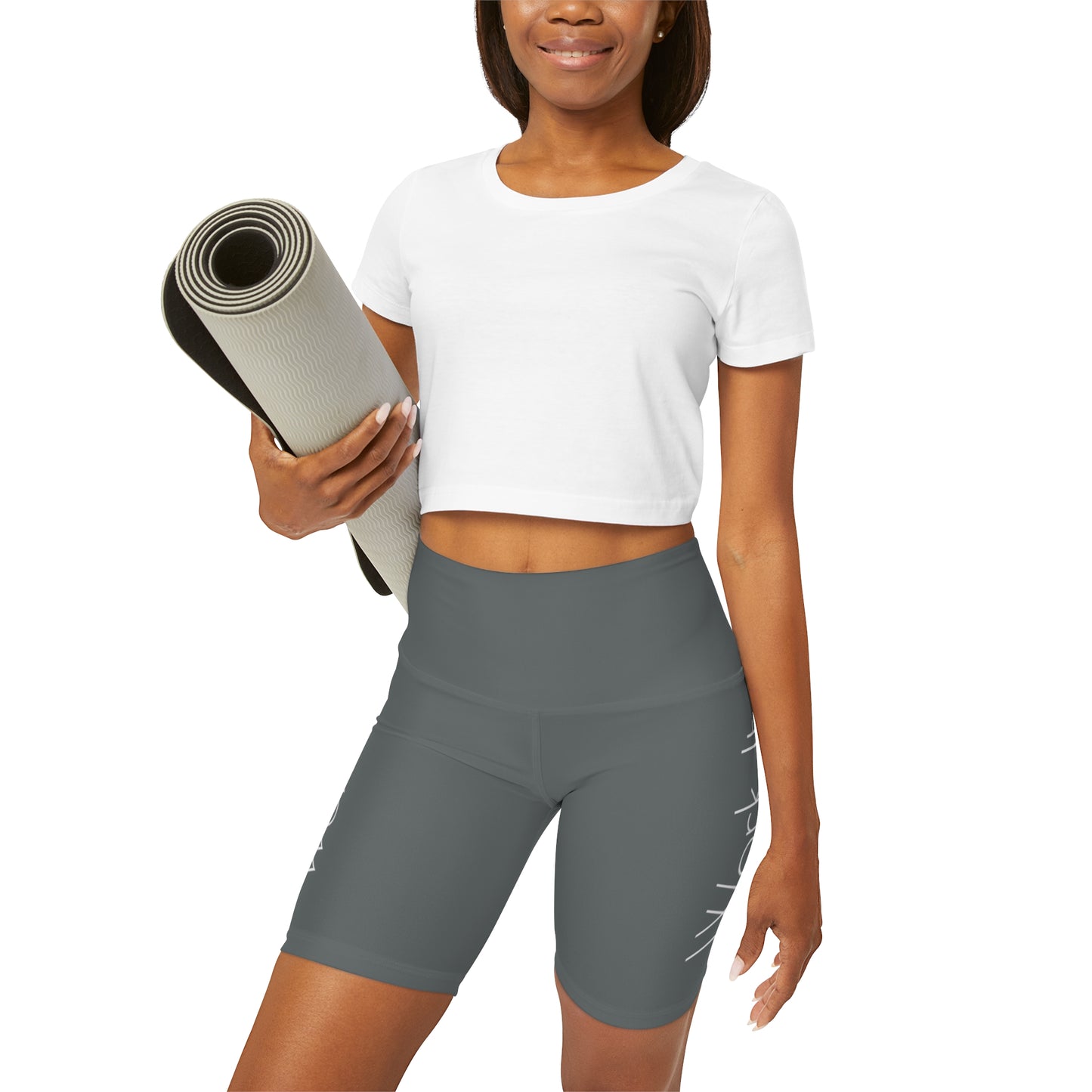 Work It - Dark Grey High Waisted Yoga Shorts (AOP)